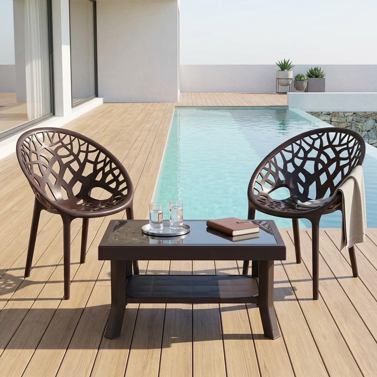 Nilkamal Crystal Chair and Glass Top Coffee Table Set | 2 Chairs and 1 Table | Plastic Furniture Set for Indoor and Outdoor Use, Balcony, Garden, Patio & Living Room | Weather Brown-image-42