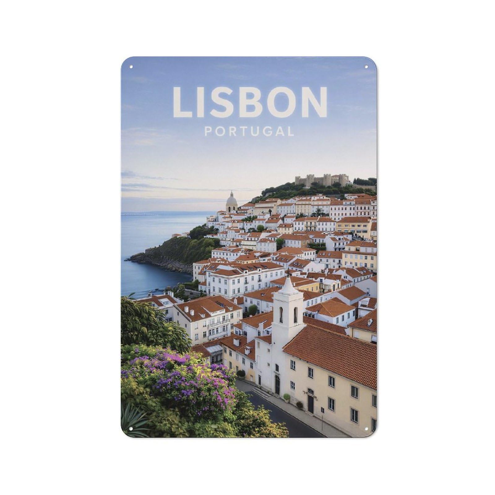 Junmoney Style-5 Rustic Tin Sign 30X20cm Featuring Lisbon Portugal Cityscape For Living Room Wall, For Room Styling Across Living Rooms And Feature Walls