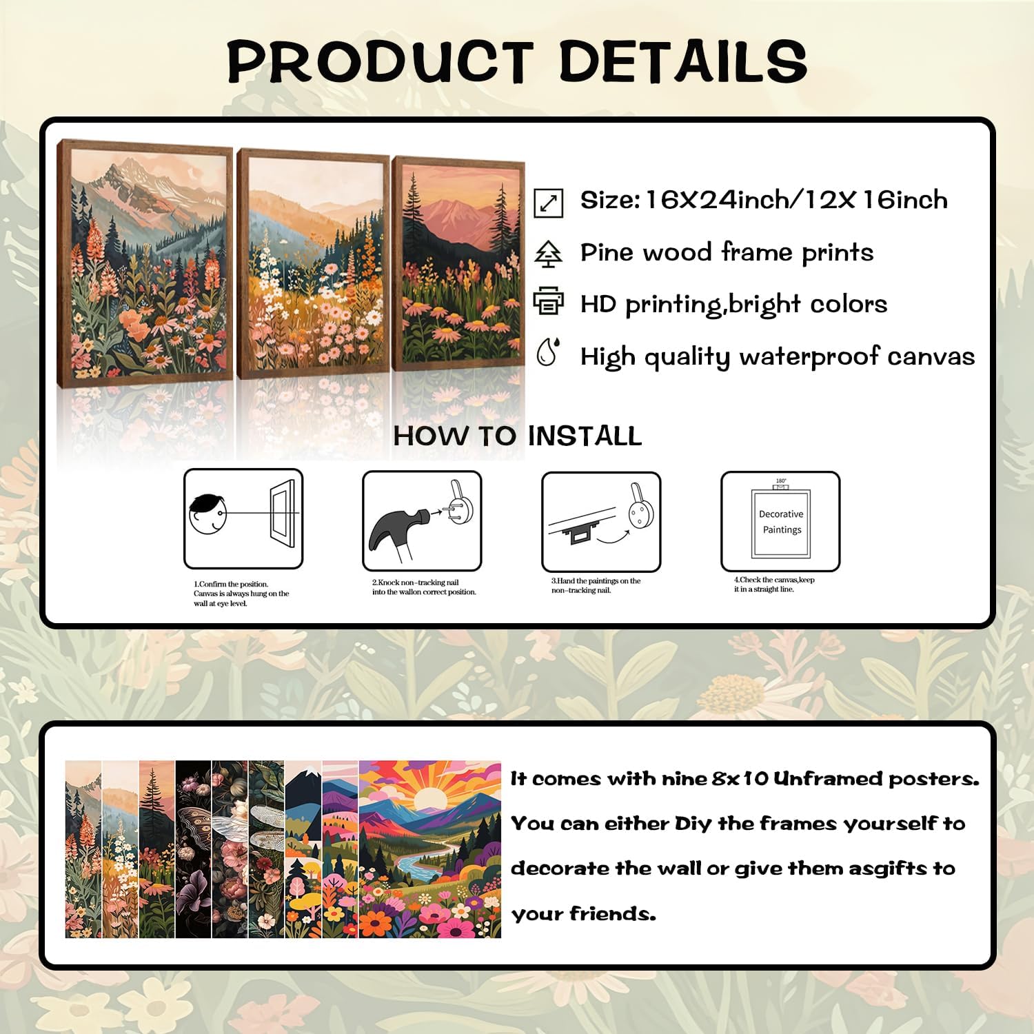 Boho Vintage Nature Flowers Canvas Wall Art, Colorful Plant Landscape Daisy Wall Decor, 16x12inch 3-Piece set Wood Framed + 9 Pcs 8×10 Posters Prints for Office Living Room Bedroom Home Decor