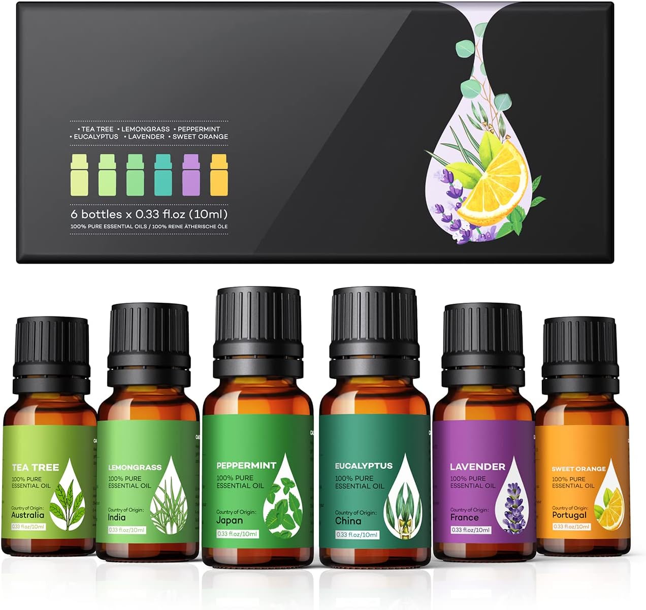 AOSNO Essential Oils 6pc Gift Set Top 6*10 ml Essential Oils for Aromatherapy, Candle Making, Skin, Massage, Hair Care & Diffuser 100% Pure Diffuser Oil Aromatherapy Oils Gift Set for Home Office