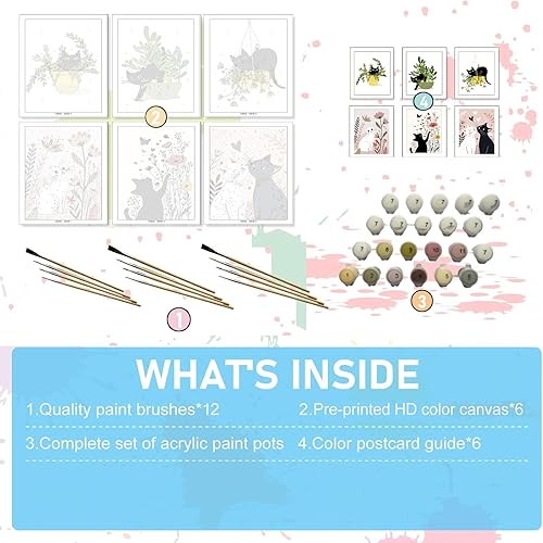 Miniatura 5 de Jethami Paquete de 6 pinturas por números para adultos principiantes, fácil de pintar con gato negro, kit de arte de lienzo para decoración de pared