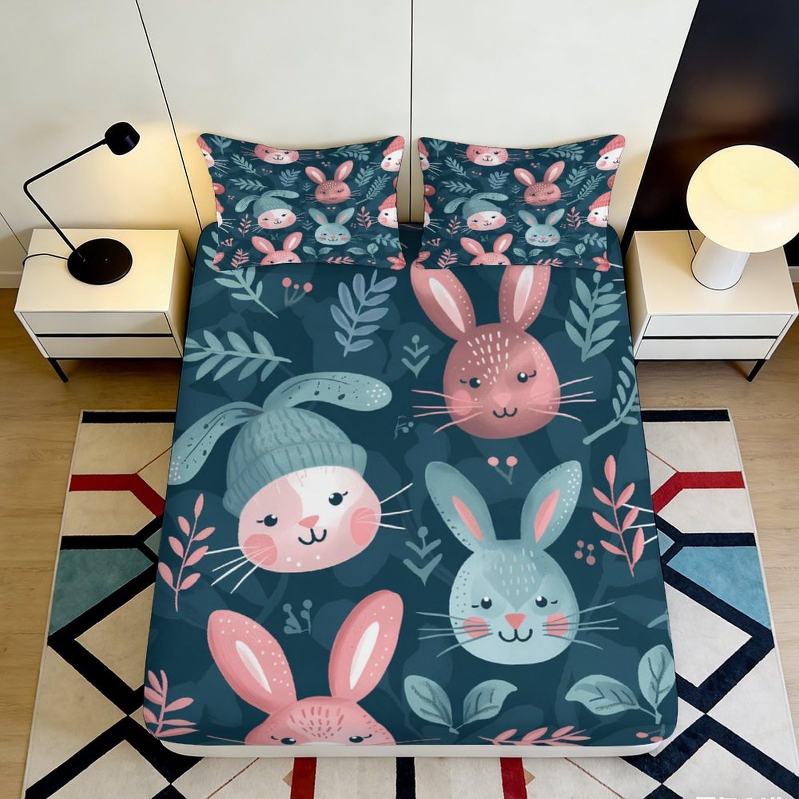 3D Printed Cute Bunny Pattern Fitted Sheet Microfiber Soft Breathable Cartoon Rabbit Bed Cover for Bedroom Dormitory Guest Room Mattress Protection 180x200x25cm