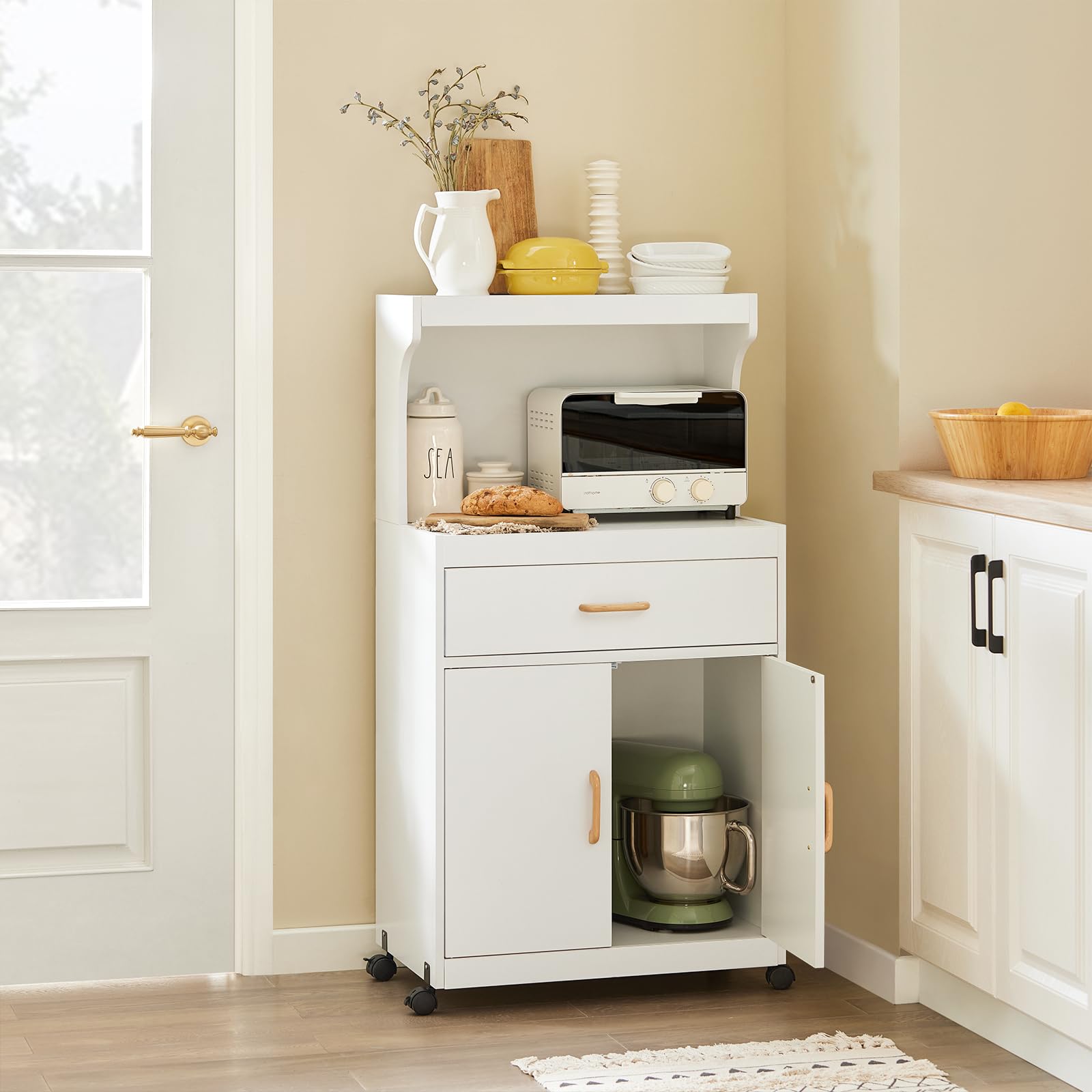 SoBuy Carrito Cocina, Mueble Auxiliar, Mueble microondas con cajón y Armario, Carro con Ruedas para almacenaje Cocina, Blanco, 62x119x40 cm FSB12-W