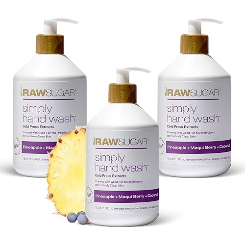 RAW SUGAR Simply Hand Wash, 16.9 Fl Oz (Pack of 3) Pineapple + Maqui Berry + Coconut Liquid Hand Soap for Kitchen or Bathroom, Cleanses & Refreshes Hands, Formulated without Sulfates & Parabens