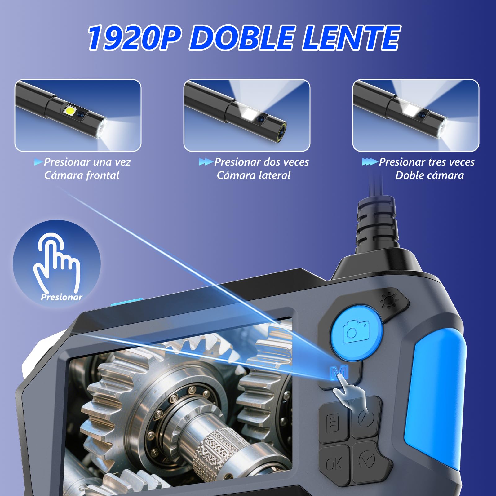 Endoscopio Camara de inspeccion 1920P HD, Doble Lente y rotación 720°, Cámara Endoscópica con Pantalla IPS de 4,5 Pulgadas y IP68, 8+1LED (2M)