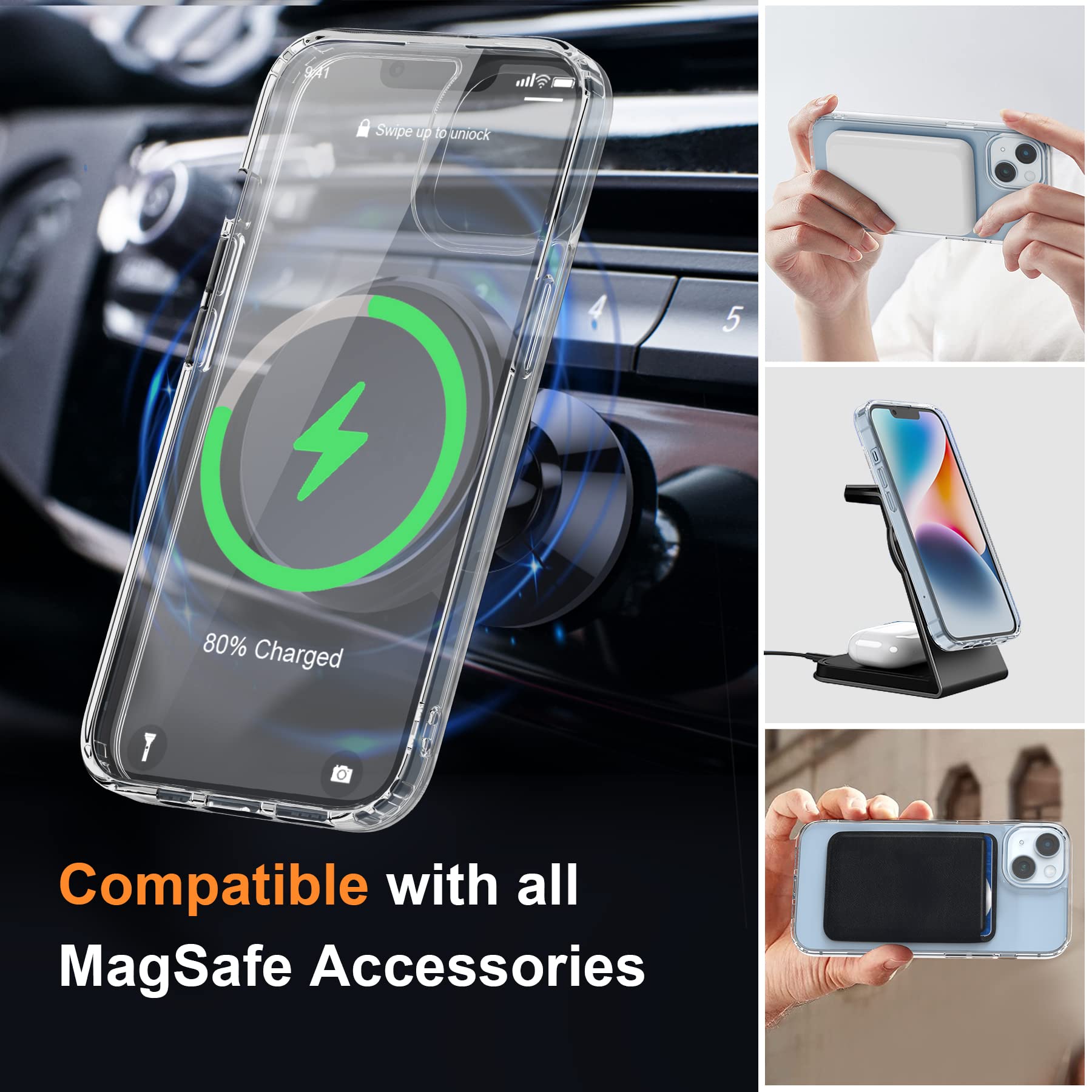 ORETECH Magnetica Cover per iPhone 13 Mini,Custodia iPhone 13 Mini [Compatibile con Magsafe] [2 Vetro Temperato],Custodia Bumper Antiurto Protezione Militare Sottile Clear Case,Trasparente