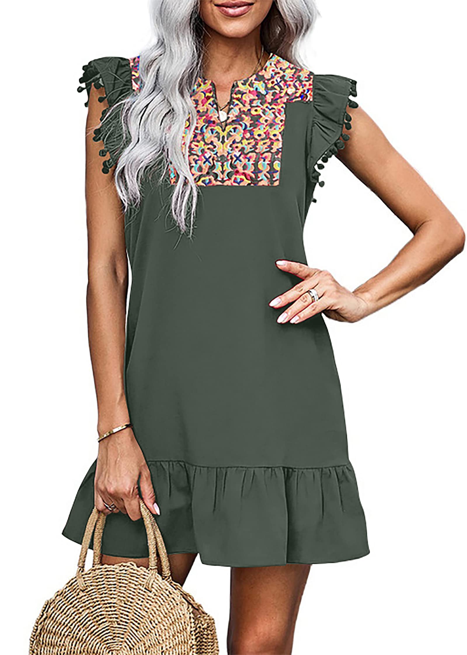 KIRUNDO Women's 2024 Summer Mini Dress Casual V Neck Floral Embroidered Ruffle Sleeveless Shift Dress Flowy Boho Dress