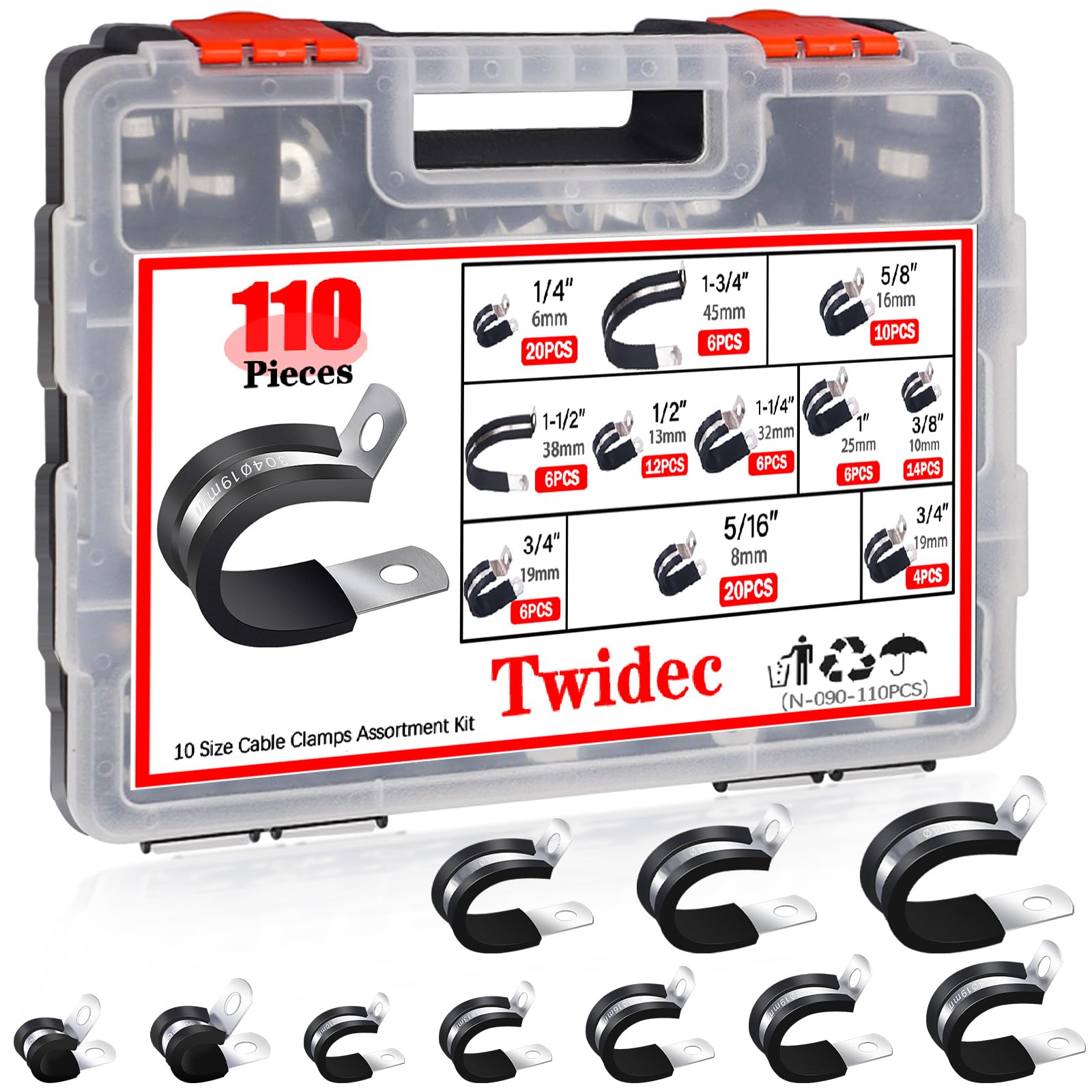 Twidec/110PCS Cable Clamps Assortment Kit 304 Stainless Steel Rubber Coated Cushion Clamps With Handheld box 10 Sizes 1/4" 5/16" 3/8" 1/2" 5/8"3/4"1"1