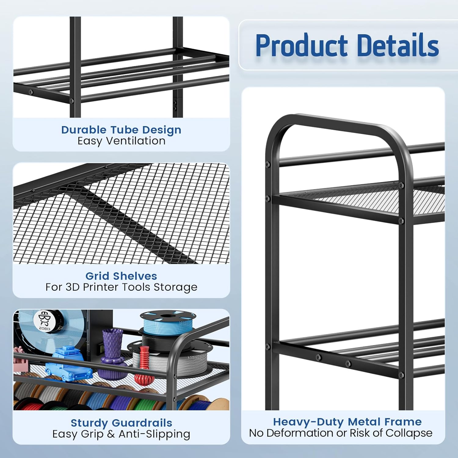 4 Layer 3D Printer Filament Storage Rack with Wheels - Rolling Filament Spool Holder for PLA/ABS/TPU/Nylon, Sturdy 3D Printer Stand & Shelf for Organized Printing Studio, Office, Workshop