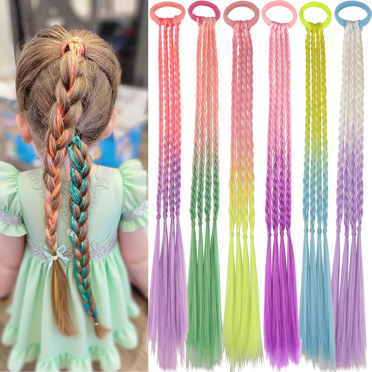 Braided Hair Extensions, Gradient Color Elastic Rings, DIY Ponytail for Girls Party Cosplay