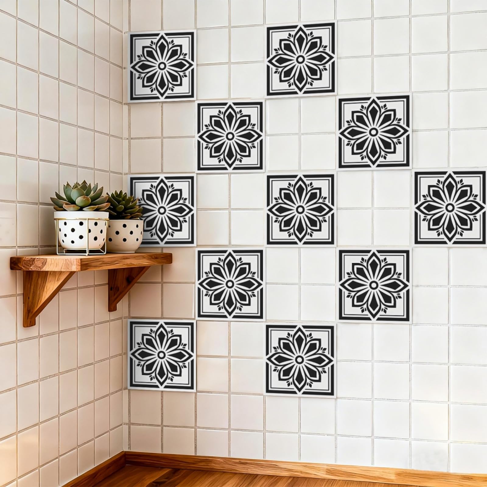 Tile Stickers Minimalist Black White Stick on Kitchen Tiles Self Adhesive Wall Tiles PVC Peel and Stick Tile Covers Transfers Oil-Proof Kitchen Splashbacks for Walls Removable 20x20cm/24 Pcs