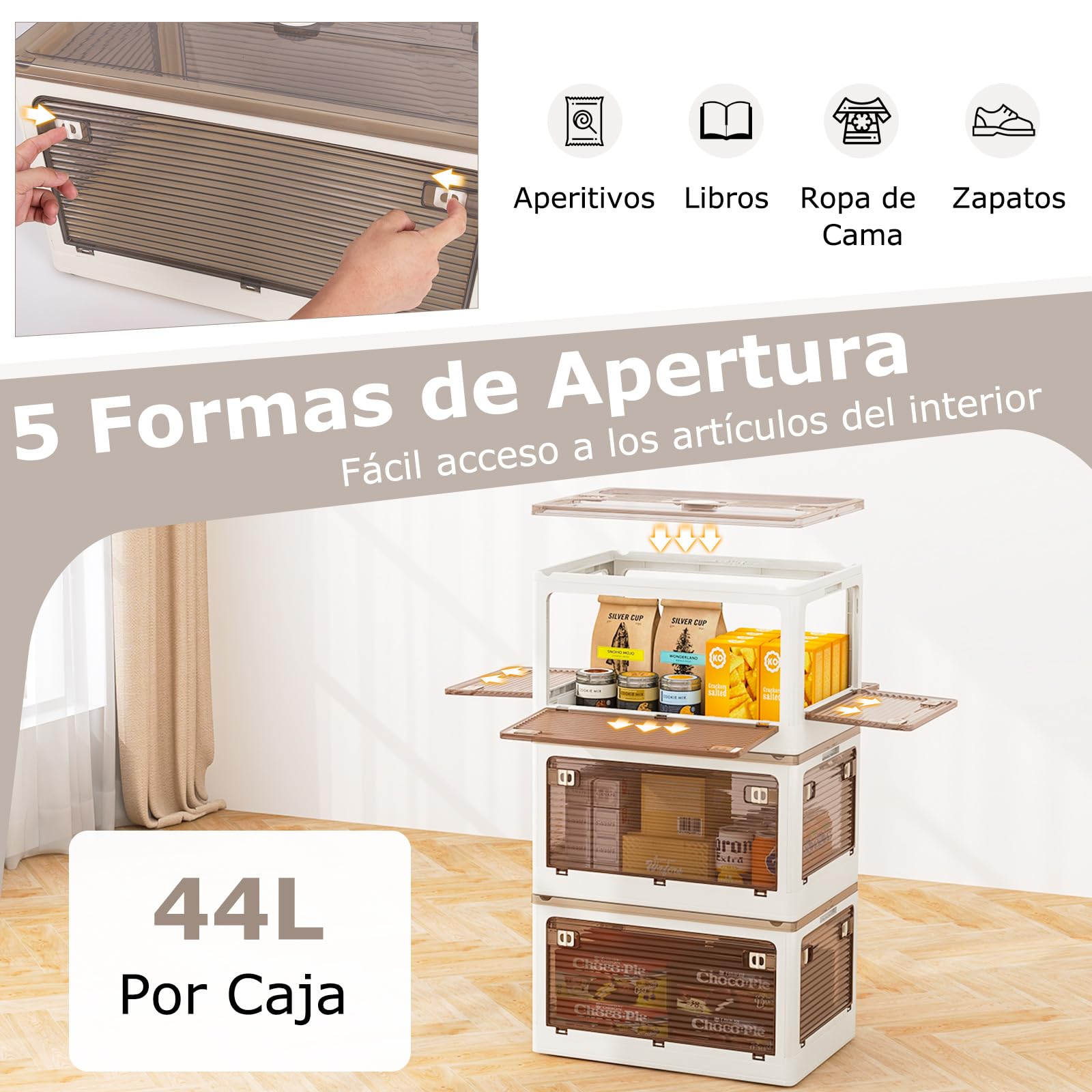 COSTWAY Paquete de 3 Contenedores Apilables con Tapa, Caja de Plástico Plegable con 5 Métodos de Apertura, Organizador Plegable con Ruedas para Dormitorio, Sala de Estar, Cocina (132L)