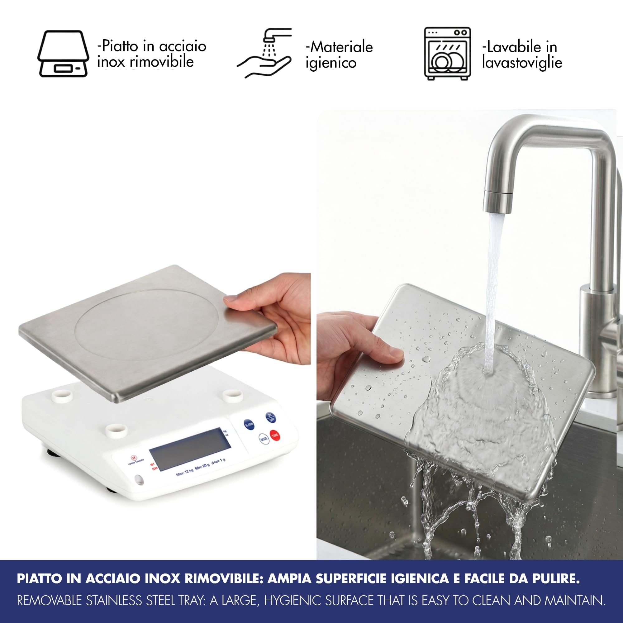 Louis Tellier - Bilancia Elettronica Professionale - 12 kg - IP53 - Precisione 1 g - Piatto Estraibile 29,8 x 23,6 cm