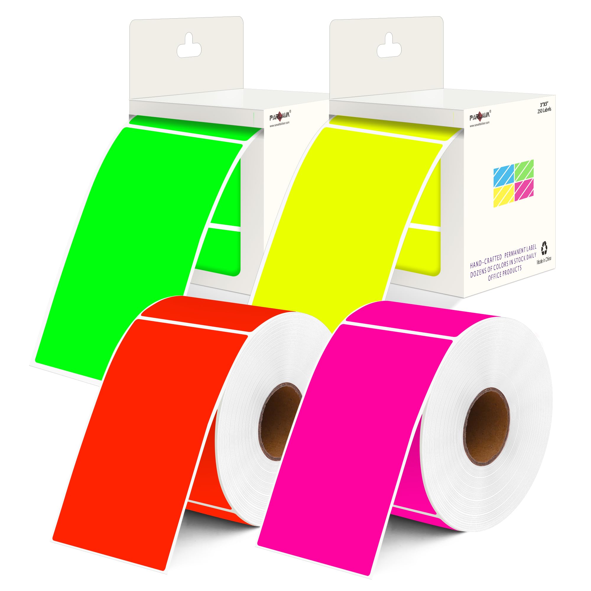 PARLAIM Adesivi rettangolari colorati per inventario, 12,7 x 7,6 cm, 1000 pezzi, 4 rotoli di etichette adesive quadrate per scatole in movimento (colori fluorescenti)