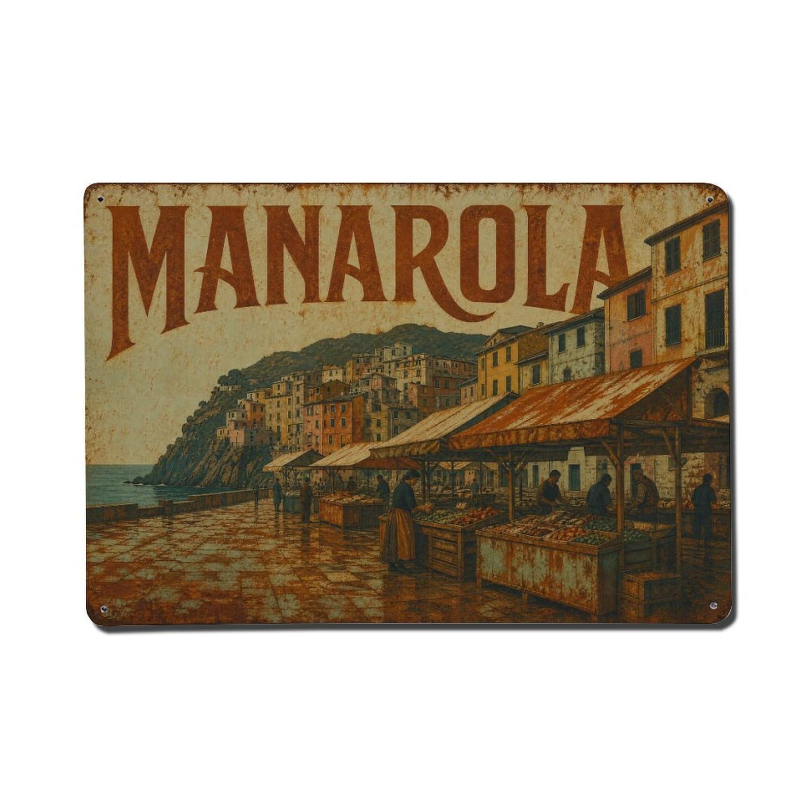 Vintage Travel Manarola Market Square Village Life Italy Metal Tin Sign
