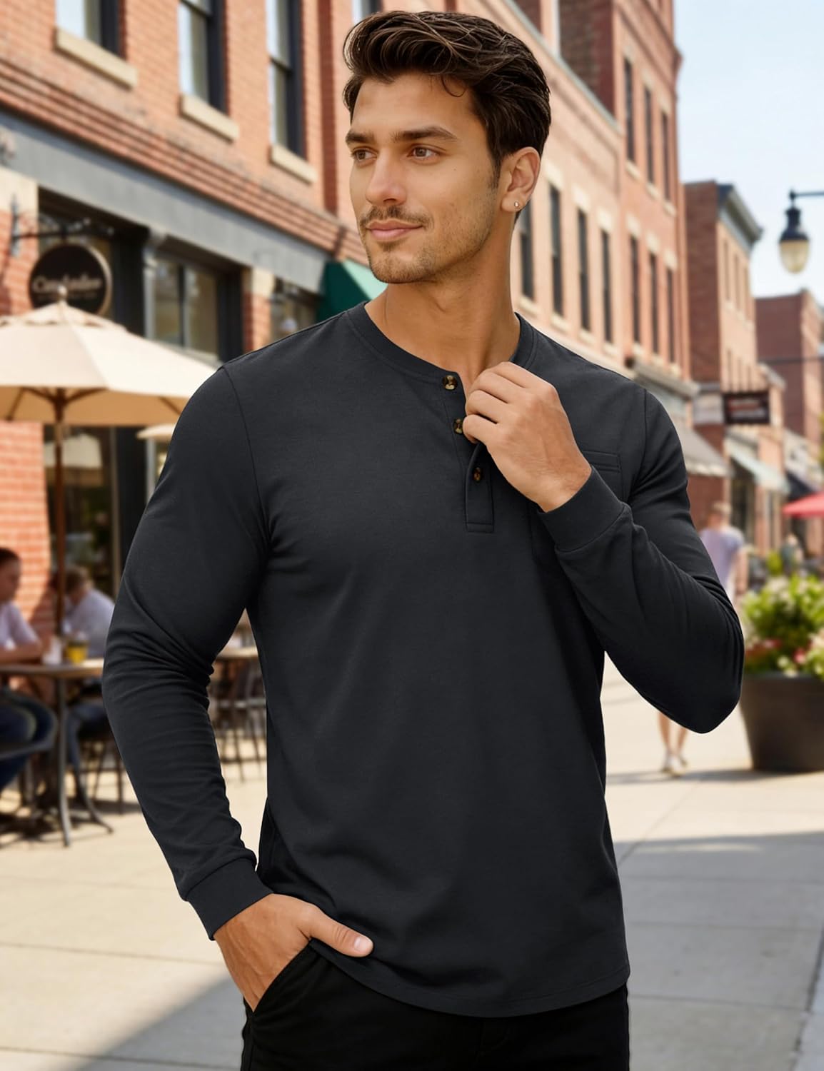 MAGNIVIT Mens Henley Shirts Long Sleeve with Pocket Fall Cotton Casual T-Shirts Plain Moisture Wicking Tee with 3 Button - Image 3