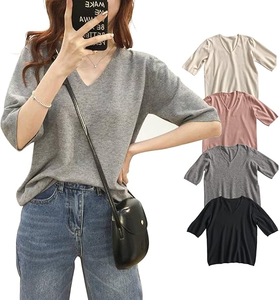 Amazon 4色3サイズ 30日間返品 返金保証 レディース サマーニット セーター 半袖 Tシャツ Vネック リブニット 五分袖 ゆったり 落ち感カットソー ファッション春夏服 無地 5 7分袖 トップス シャツ きれい め コーデ オシャレ 大きいサイズ Tシャツ カットソー 通販