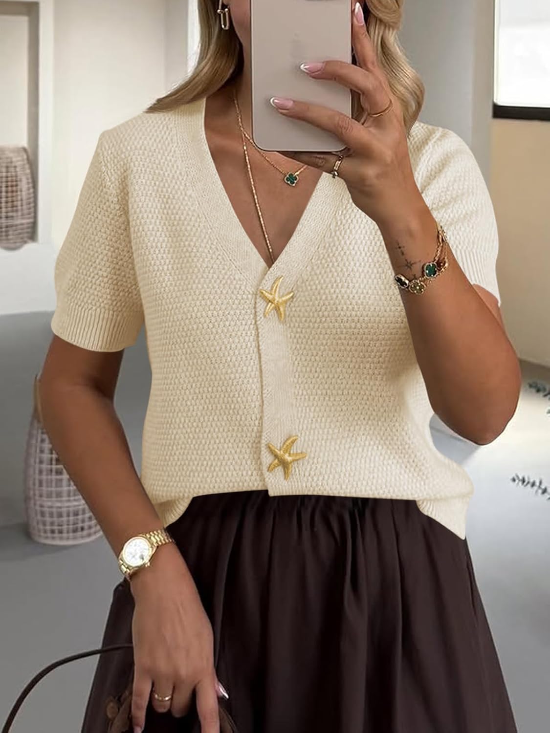 Saodimallsu Womens Puff Short Sleeve Cardigans V Neck Button Down Casual Summer Lightweight Knit Sweater Tops - Image 4