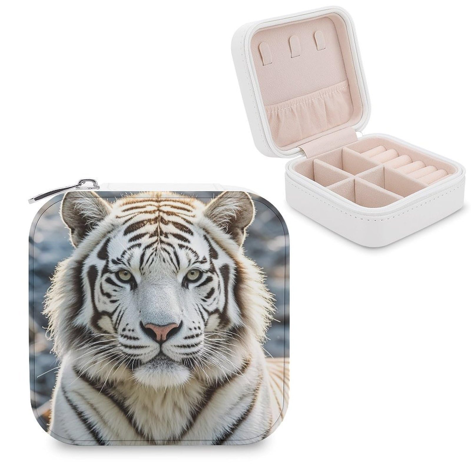 FekiLoot White Tiger Jewelry Case Personalized Leather Jewelry Box Mini Travel Jewelry Case Small Portable Jewelry Organizer for Ring Earrings Necklace Bracelet