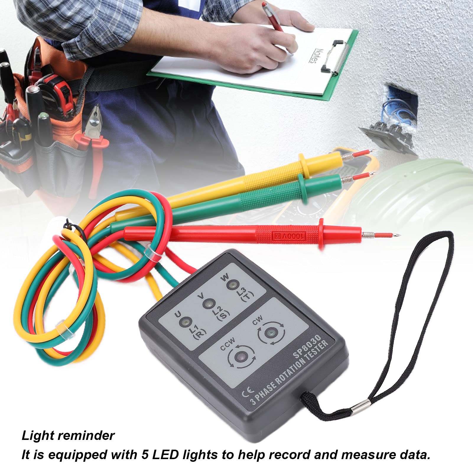 3 Fazowy Miernik Obrotu SP8030, 60-600 V Tester Sekwencji Fazy AC, Bez Akumulatorów Detektor Obrotu LED, Wskaźnik Kolejności Fazy Przemysłowej z 70 Cm Prowadzącymi Testami