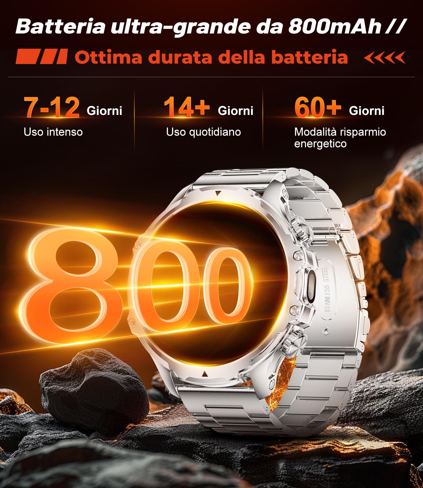 LIGE 1,85" Smartwatch Uomo con Torcia LED/800mAh, Chiamata Bluetooth, Impermeabile 5ATM, 110+ modalità Sportive, Cardiofrequenzimetro SpO2 e Sonno Smart Watch Militare per iOS Android, FV15-E