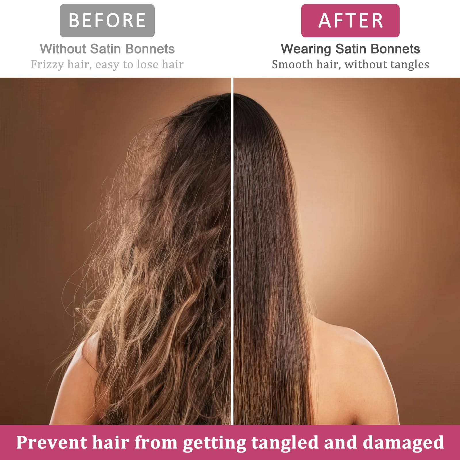 Loomify 2 Pezzi Cuffia Seta Capelli Notte, Bonnets Seta per Capelli Ricci, Cuffia Capelli Ricci Notte per Dormire, Cuffie di Seta con Laccetti per Donna Ragazza (Nero/Rosa)