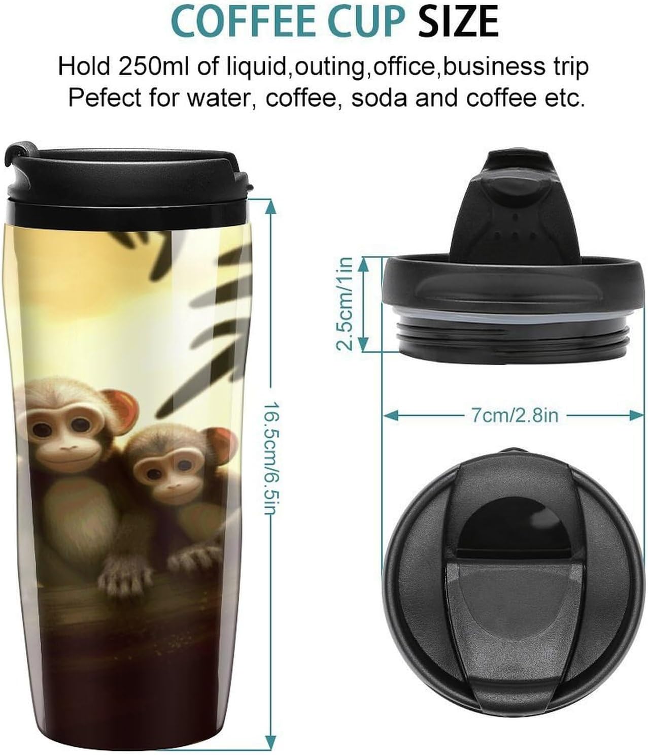 Cute Couple Monkey Coffee Cup Reusable Portable Water Bottle with Double-Walled Plastic,Coffee Mug for Hot & Cold Drinks, Cup Holder Friendly 350ml
