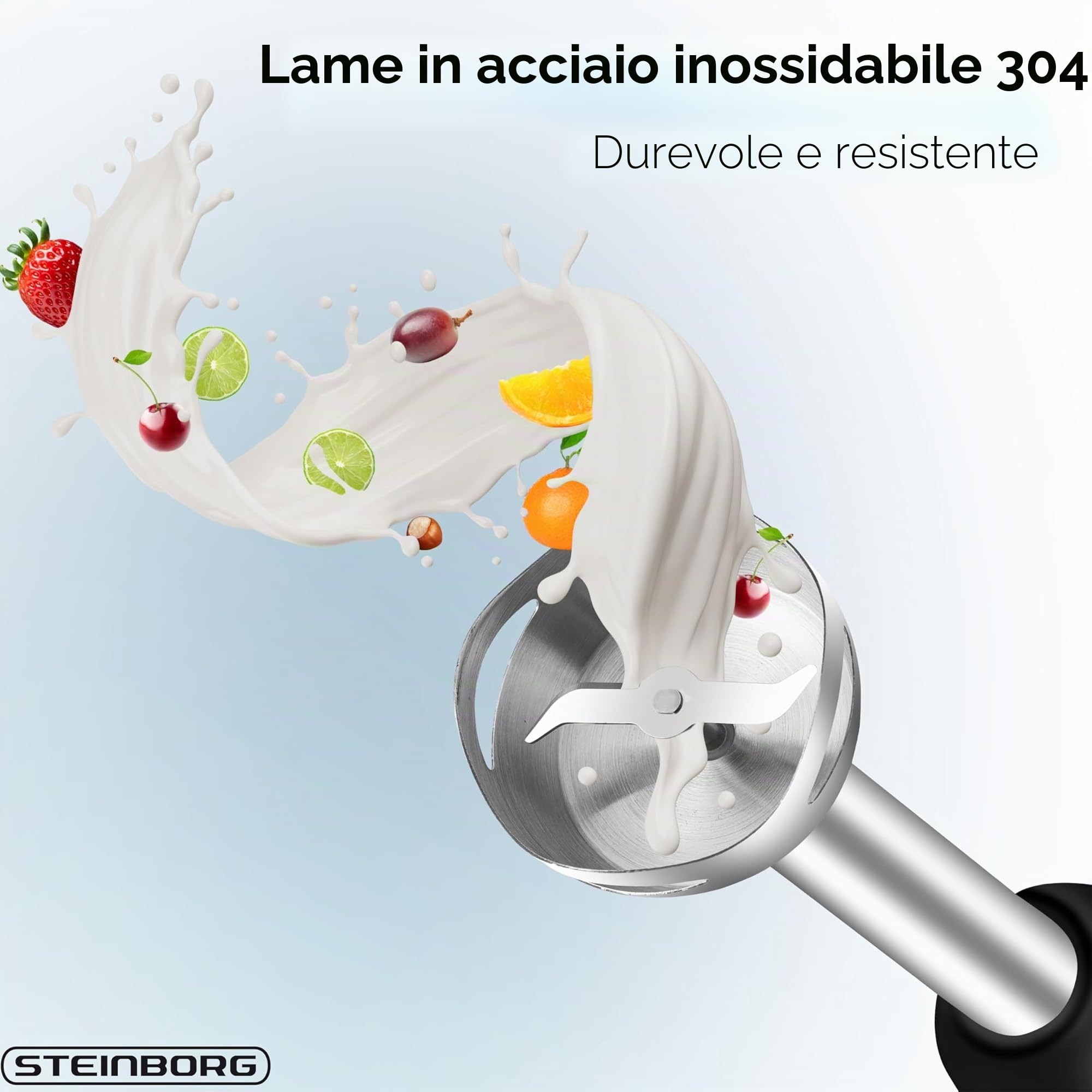 Steinborg Frullatore a immersione, 1.500 Watt, in acciaio inox, frullatore ad immersione, tritatutto – 500 ml, contenitore di miscelazione in acciaio inox, funzione turbo, frullatore a mano