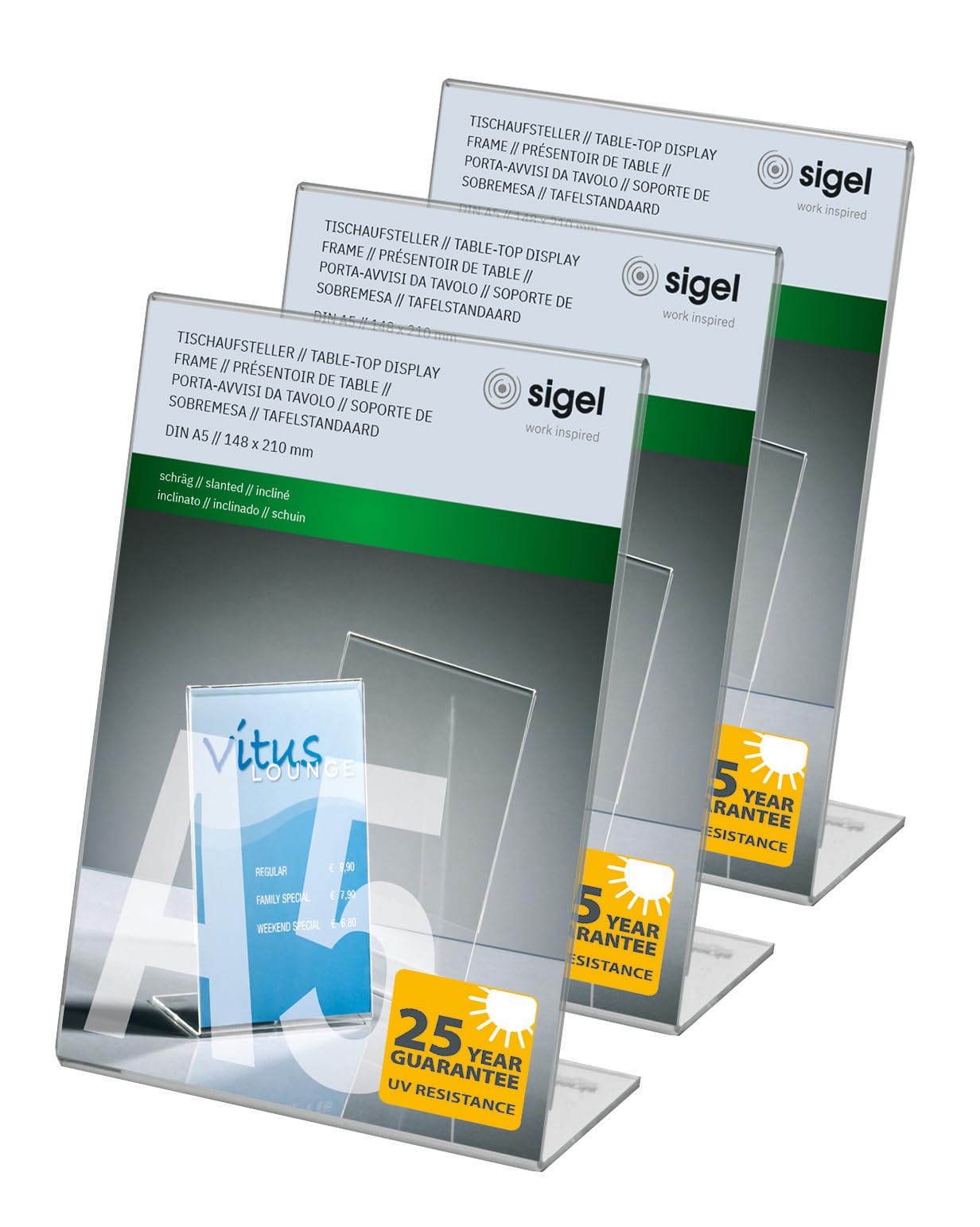 Sigel TA212 Tischaufsteller A5 schräg, 3 Stück, glasklar Acryl, Werbeaufsteller