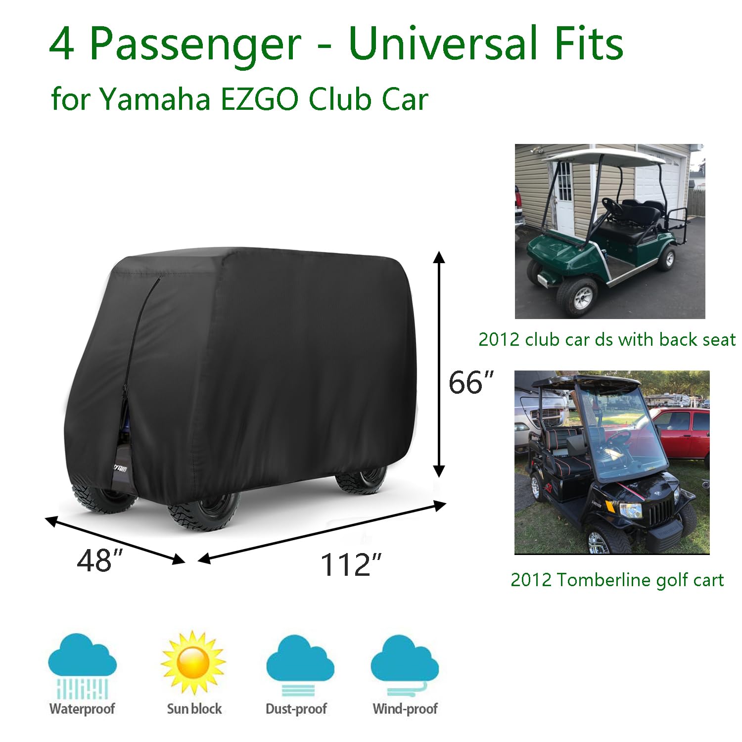 FLYMEI Impermeable Polvo Prevención para Carro de Golf para 4 Pasajeros EZ GO Club Car Yamaha carros de Golf Gris Topo (tamaño L), Negro