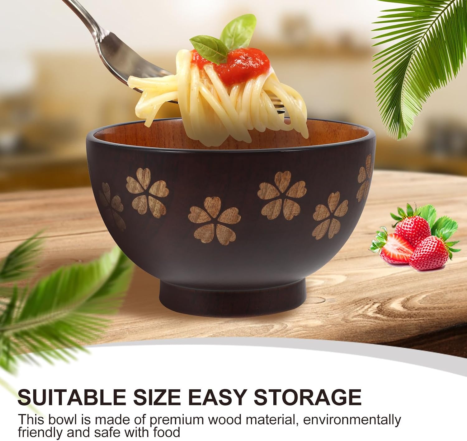 Cherry Blossom Wood Bowl 300ml Japanese Style Heat Insulation Wooden Rice and Soup Bowl for Food Serving and Home Dining