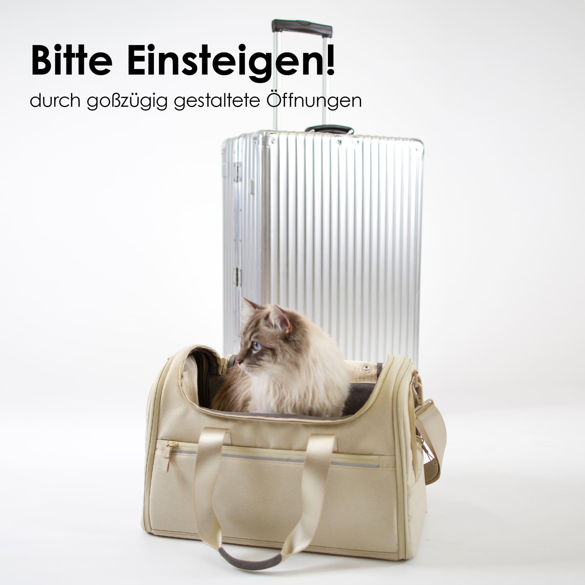 LucyBalu® Check-IN Katzentransporttasche flugtauglich I Tragetasche aus recyceltem Material I Netzfenster & Sicherheitshaken I waschbares Inlay I Sand