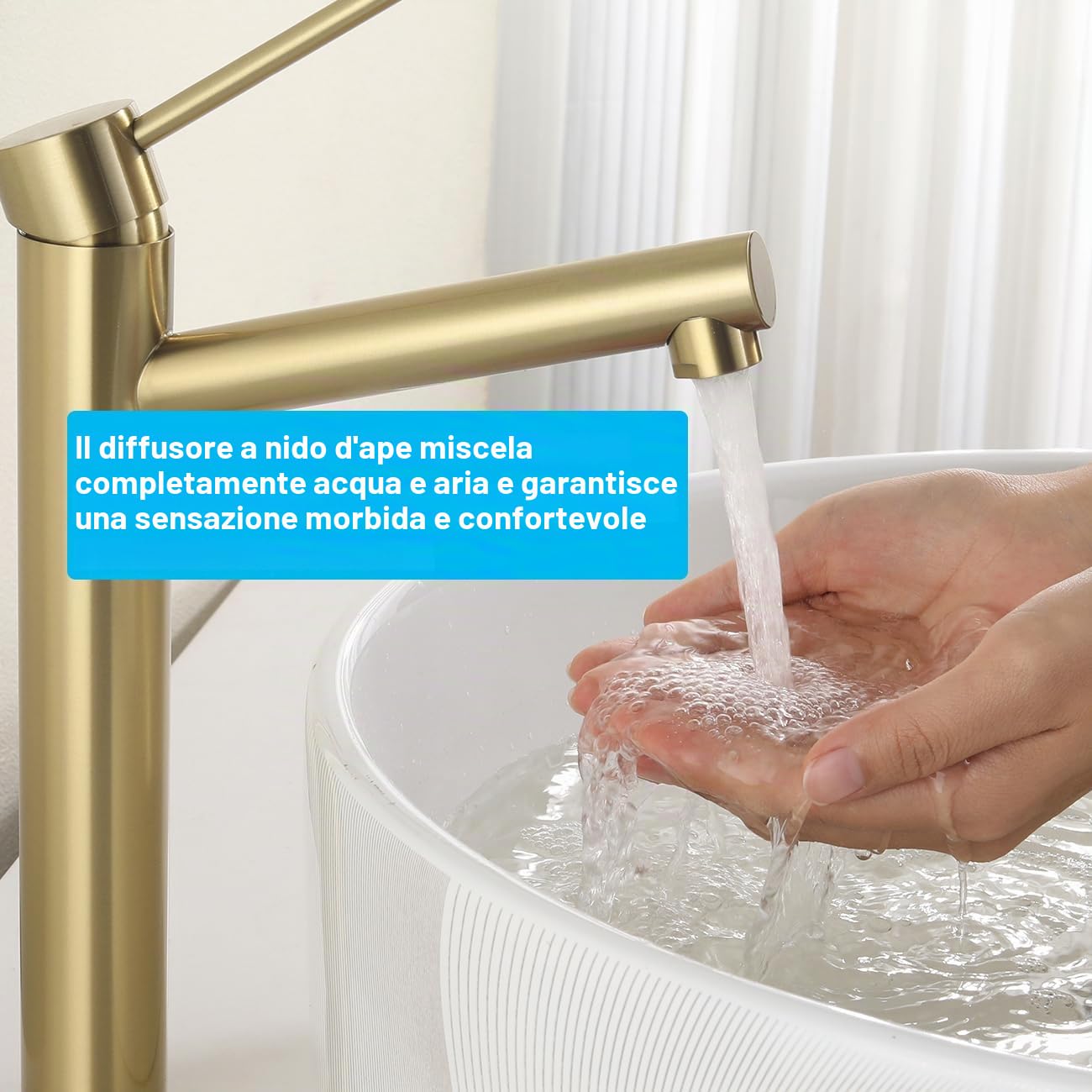 Rubinetto Lavabo Alto Oro, Angolo di Uscita Dell'acqua Umanizzato, Miscelatore Monocomando da Appoggio per Bagno, Acciaio Inox 304, Acqua Calda e Fredda, Aeratore Rimovibile