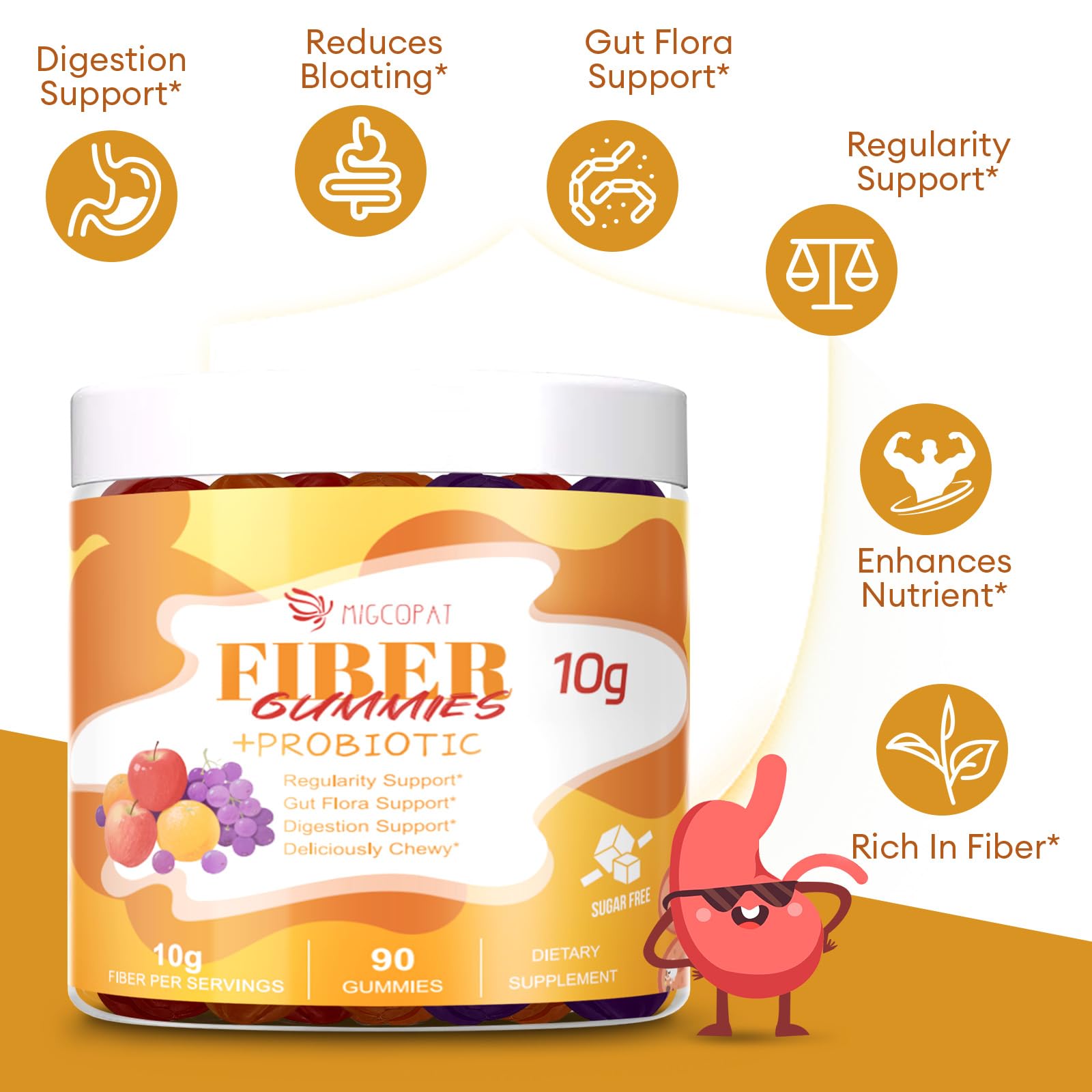 Migcopat 10G Fiber Gummies with Probiotics, Fiber Supplement with 30 Billion CFU Probiotics Blend, ACV, Vitamin C, Inulin - Support Digestive Health - No Sugar Added - Fruit Flavored - 90 Count — Amazon image 4