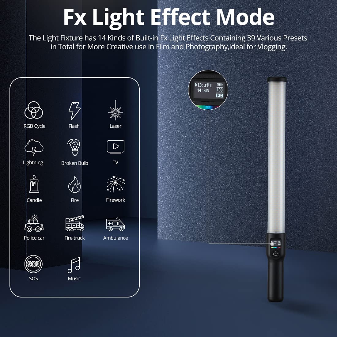 Godox LC500R display showing the FX light effect menu with icons for various effects like RGB Cycle, Flash, Laser, Lightning, and more.