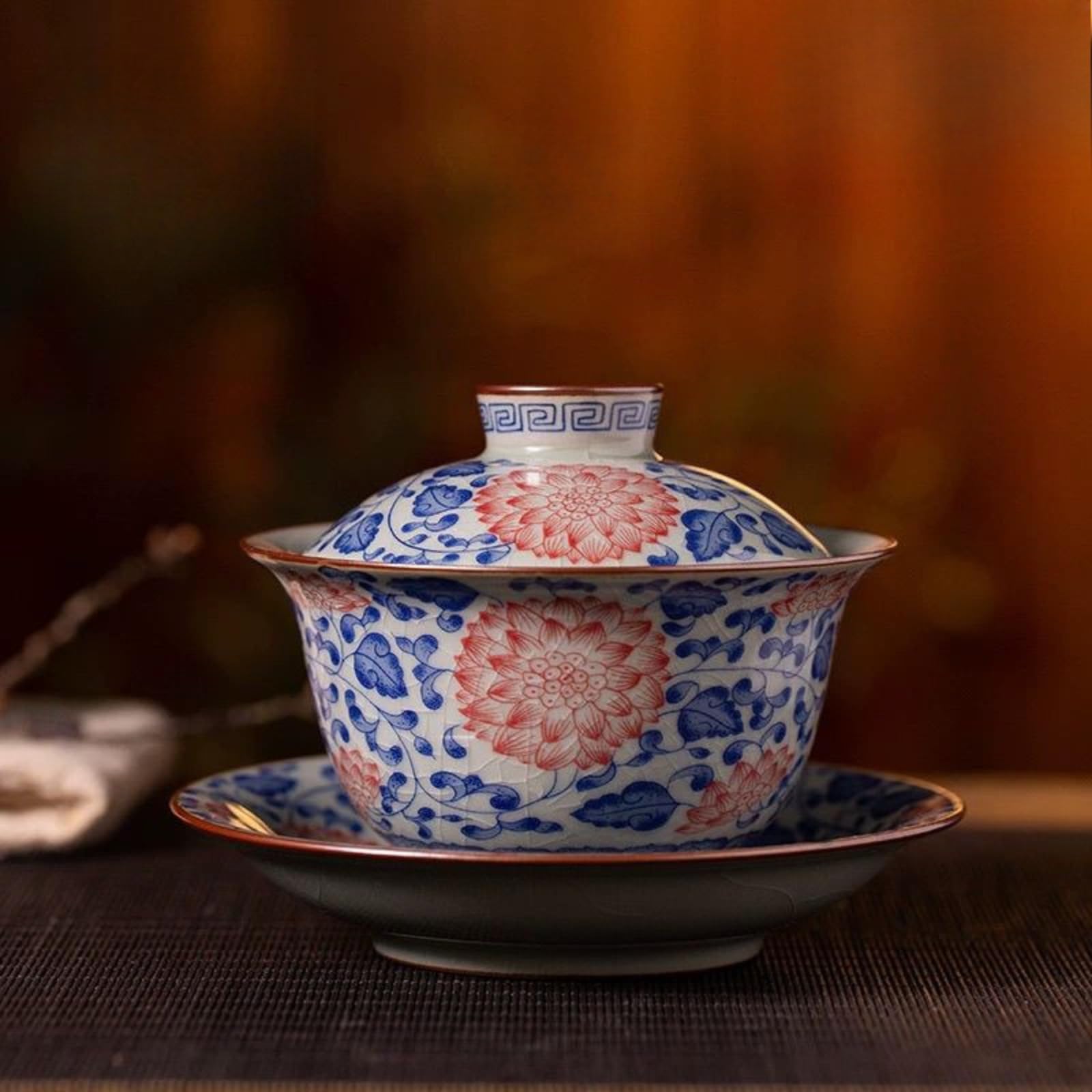 Jingdezhen Ceramiczny Gaiwan, 200 ml, niebieski i biały spleciony lotos Kung Fu zestaw do herbaty żaroodporna miska do herbaty