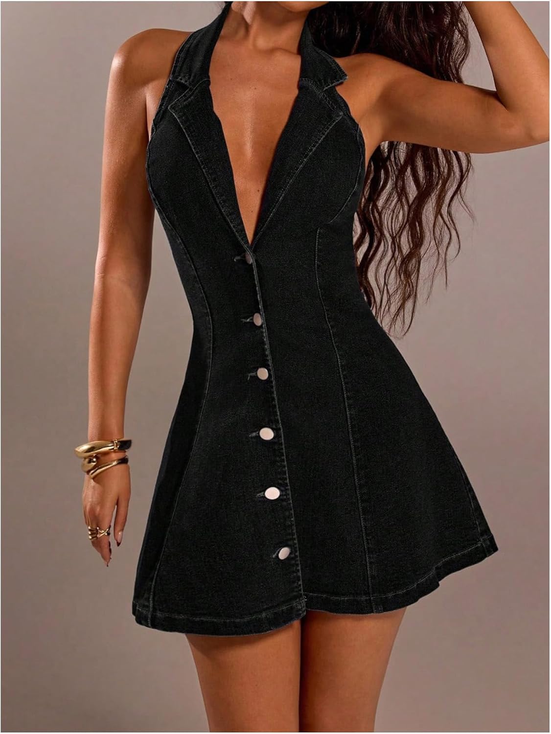 Floerns Women's Y2k Denim Halter Mini Dress Sleeveless Deep V Neck Button Down A Line Going Out Jean Dresses - Image 2