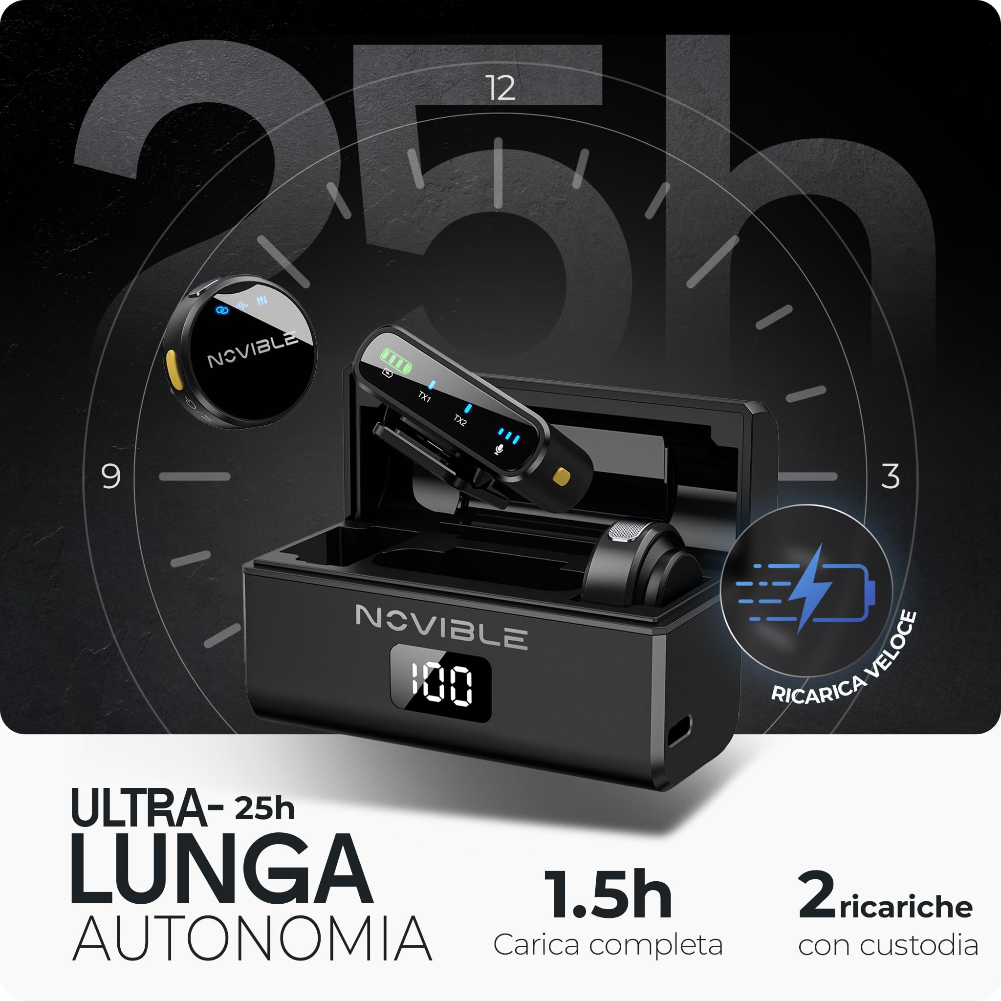 Microfono Lavalier Wireless per iPhone, Android, Fotocamera, PC - Audio Chiaro, Cancellazione Rumore, Portata 100 m - Autonomia 25 h con Custodia di Ricarica