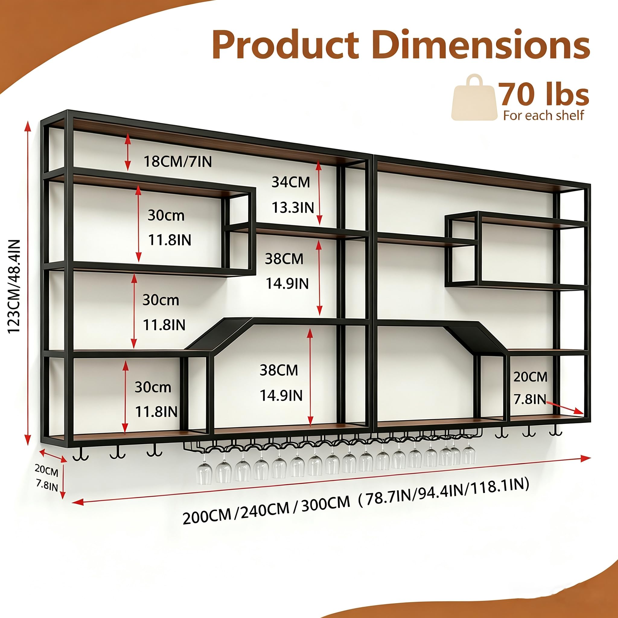 Botellero Modular de Pared con luz LED (Negro, 200CM) | Botellero de pared LED modular, 4 niveles, hierro y nogal; hasta 200 botellas; largo 200-300 cm; portacopas incluido