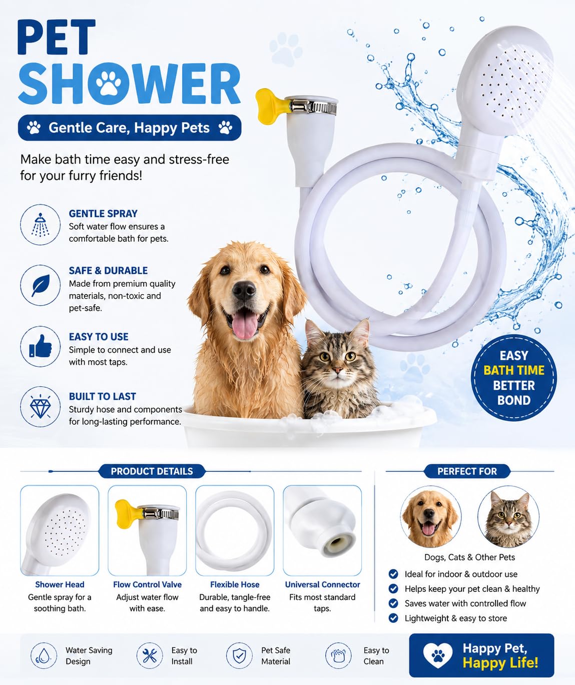Woofy Multifunctional Pet Grooming Portable Handheld Shower Head with Tub Faucet Sprayer Hose Kit Suitable for Bathing, Bucket Filling and Washing Hair (White) 3