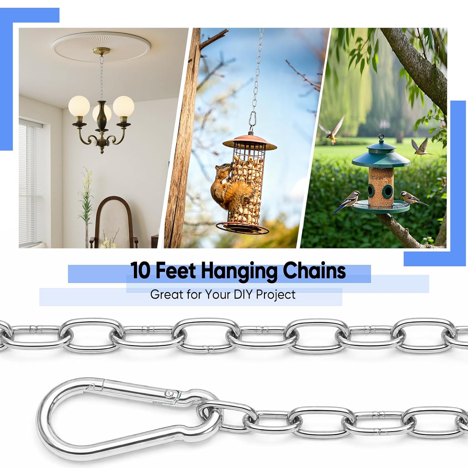 10 Feet Hanging Chain with 2 Pack Detachable Chain Links, Silver Metal Chain for Hanging, Heavy Duty Hanging Chain for Home Decorative Light Duty Chain for Outdoor Indoor Use