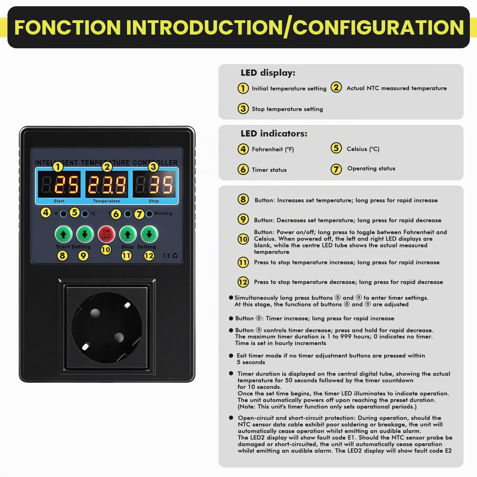 Régulateur de Température Numérique Thermostat Chauffage Refroidissement Module de Contrôleur de Température prise Thermostat Chauffage pour Terrarium,Reptile,Incubateur,Serre (EU)
