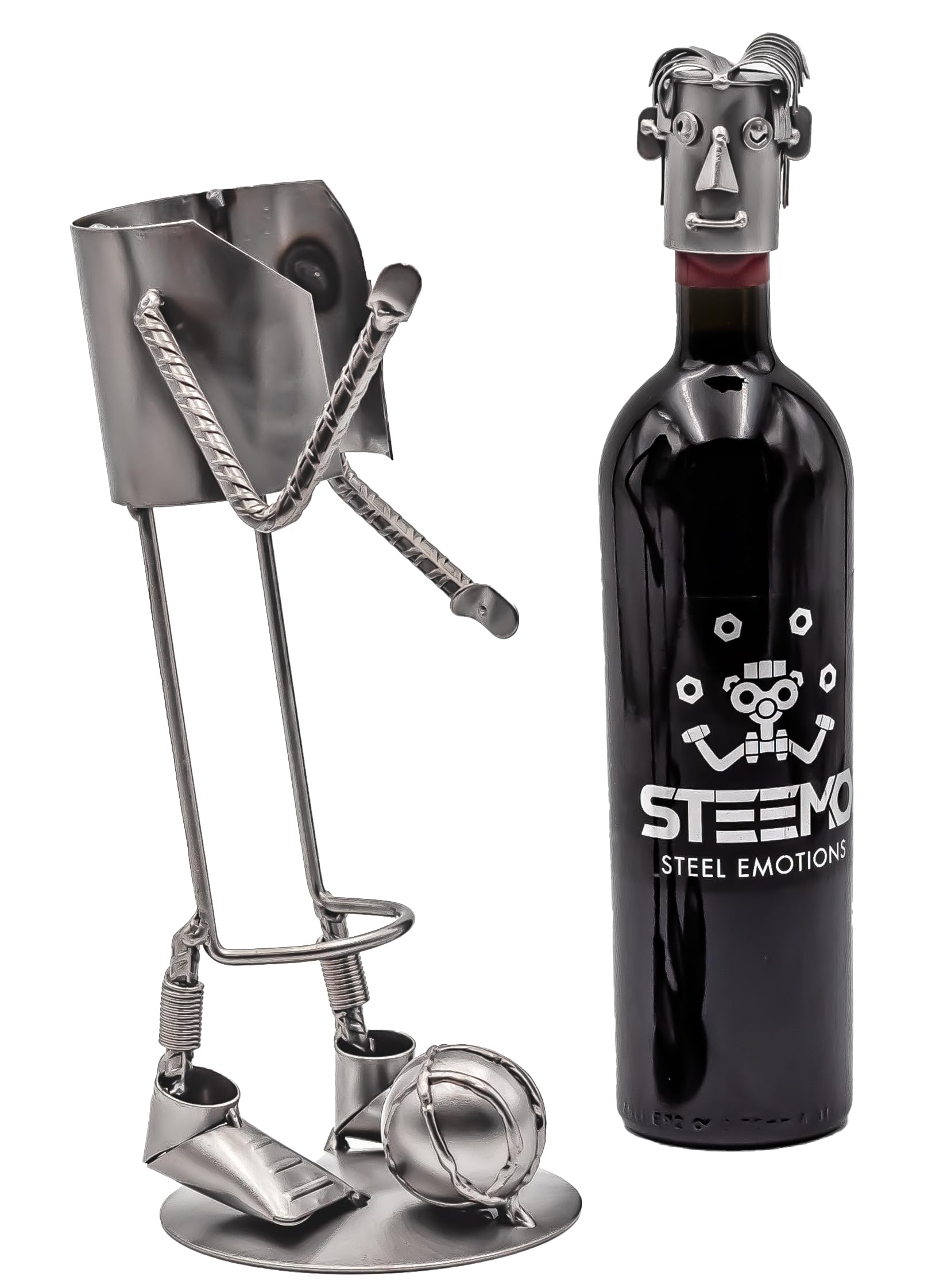 STEEMO Original Schraubenmännchen Weinflaschenhalter – Fußballspieler, Handgefertigter Flaschenständer aus Stahl, Nachhaltiges Geschenk für Sportfans, Kreative Wein-Deko, Grau