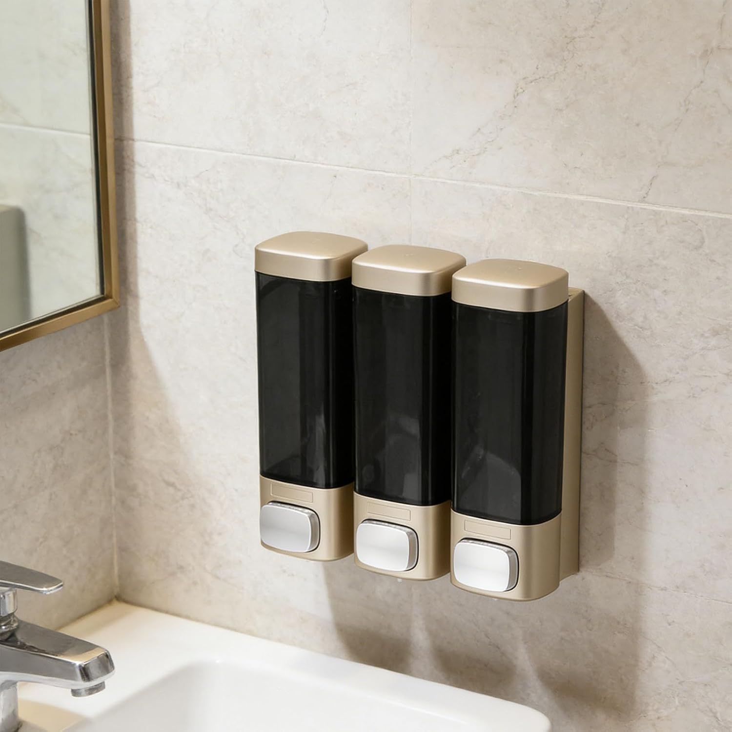 AUNMAS 3 Chamber Shower Dispenser, Leakproof Pump Head Press Manual with Large Button for Bathroom Kitchen Hotel RV