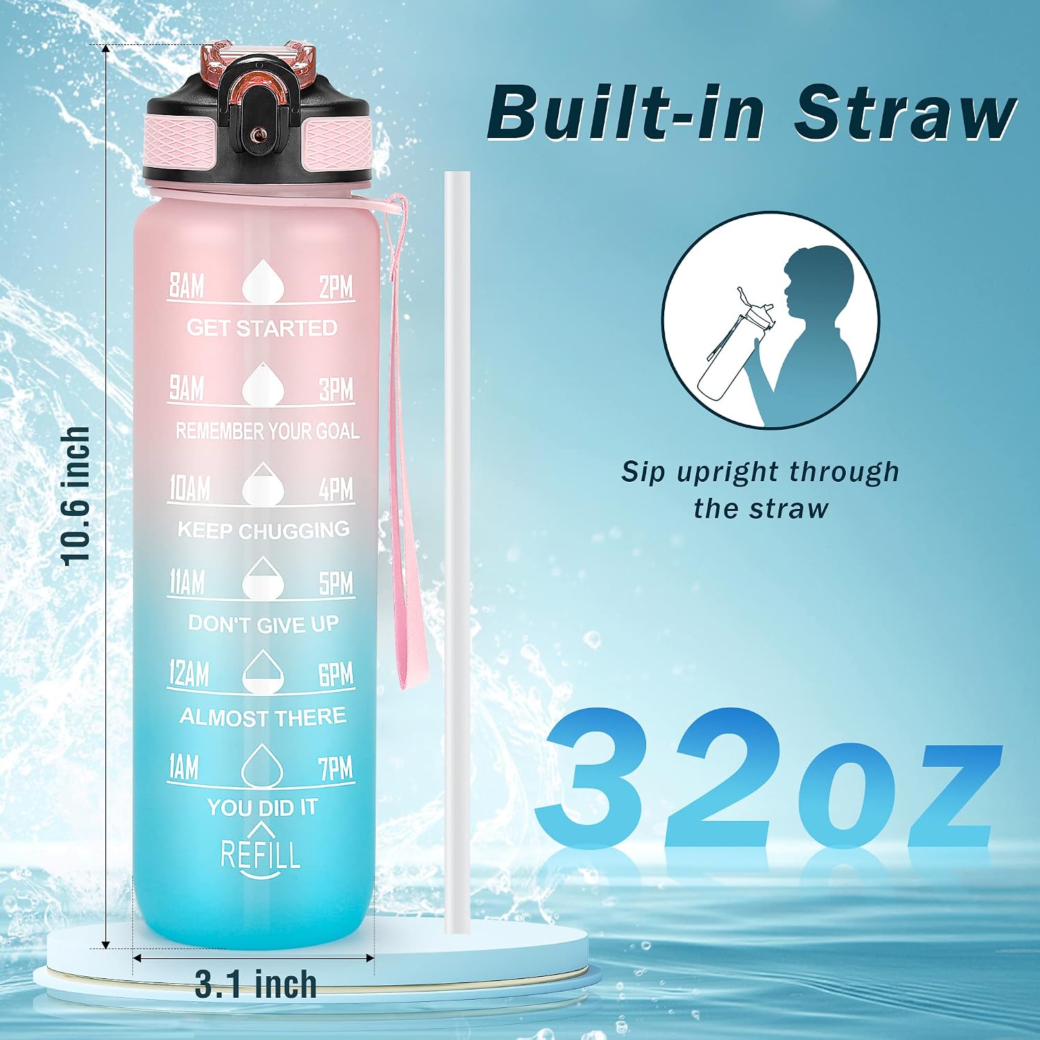 YC Kitchen Motivational Water Bottle with Time Marker - 32oz, Leak-proof BPA Free Sports Water Bottles with Straw & Carrying Strap