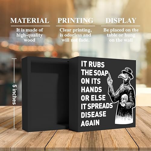 Miniatura 2 de Plague Doctor - Letrero gótico de madera con texto en inglés "Wash Your Hand" para el hogar, inodoro, baño, invitados, baño, decoración de pared, 5