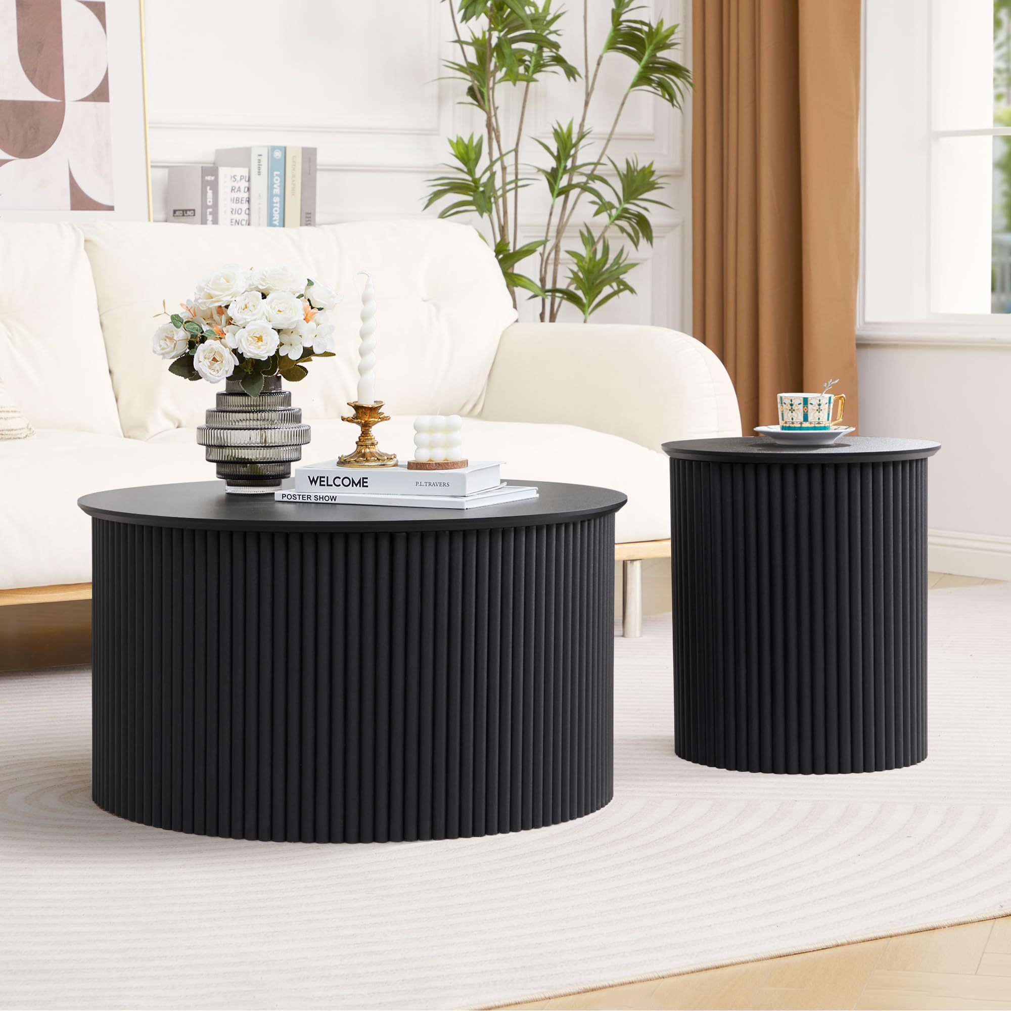 Fluted Round Nesting Coffee Table Set of 2 Circle Center Table Living Room