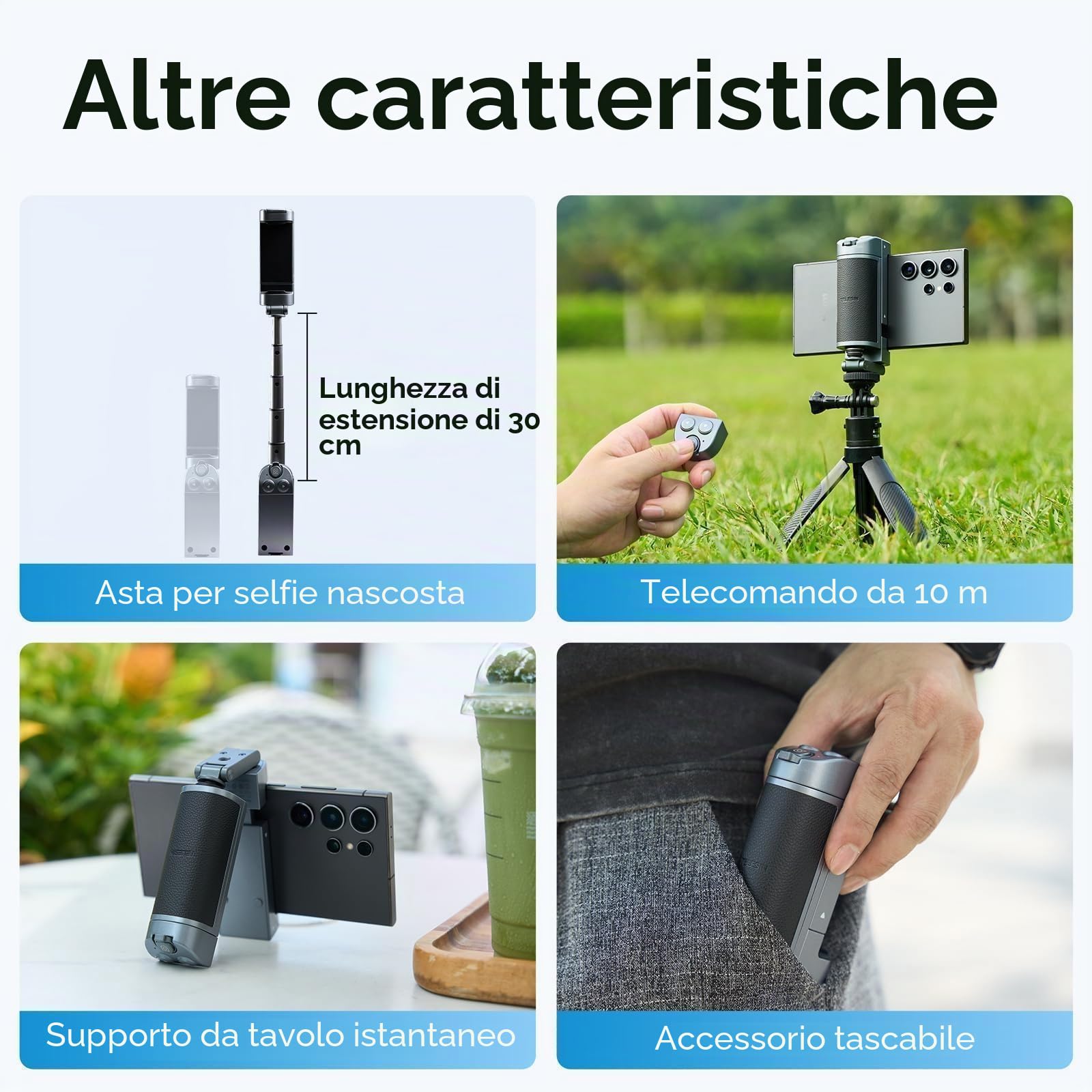 TELESIN° Grip Smartphone con Telecomando Bluetooth, Impugnatura Bastone per Selfie, Supporto per Phone (No CPL Lens)