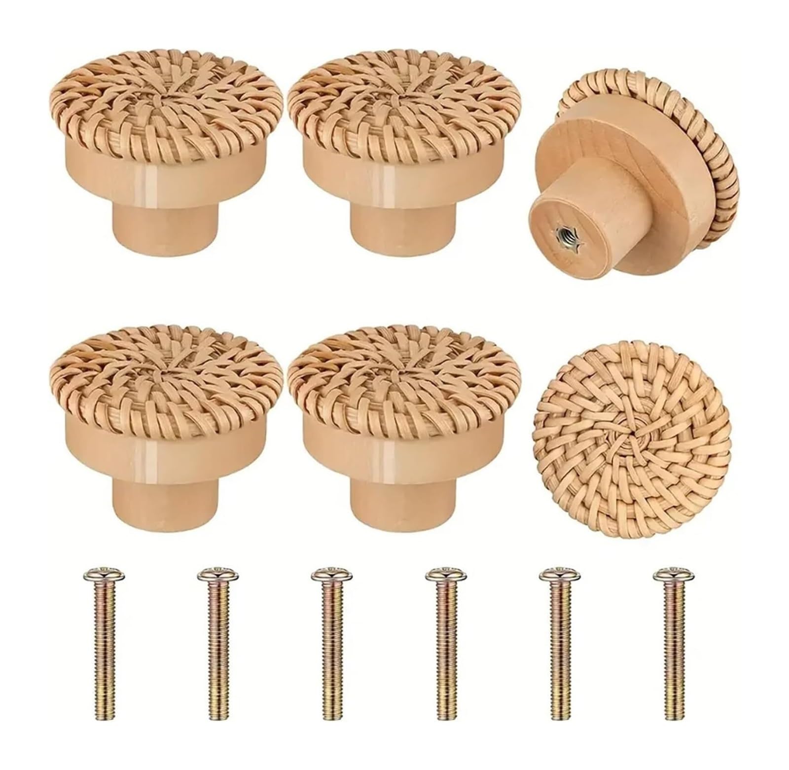 Opeximatun Round Wood Rattan Dresser Knobs, Wicker Weave, for Cabinets and Drawers(6pcs)