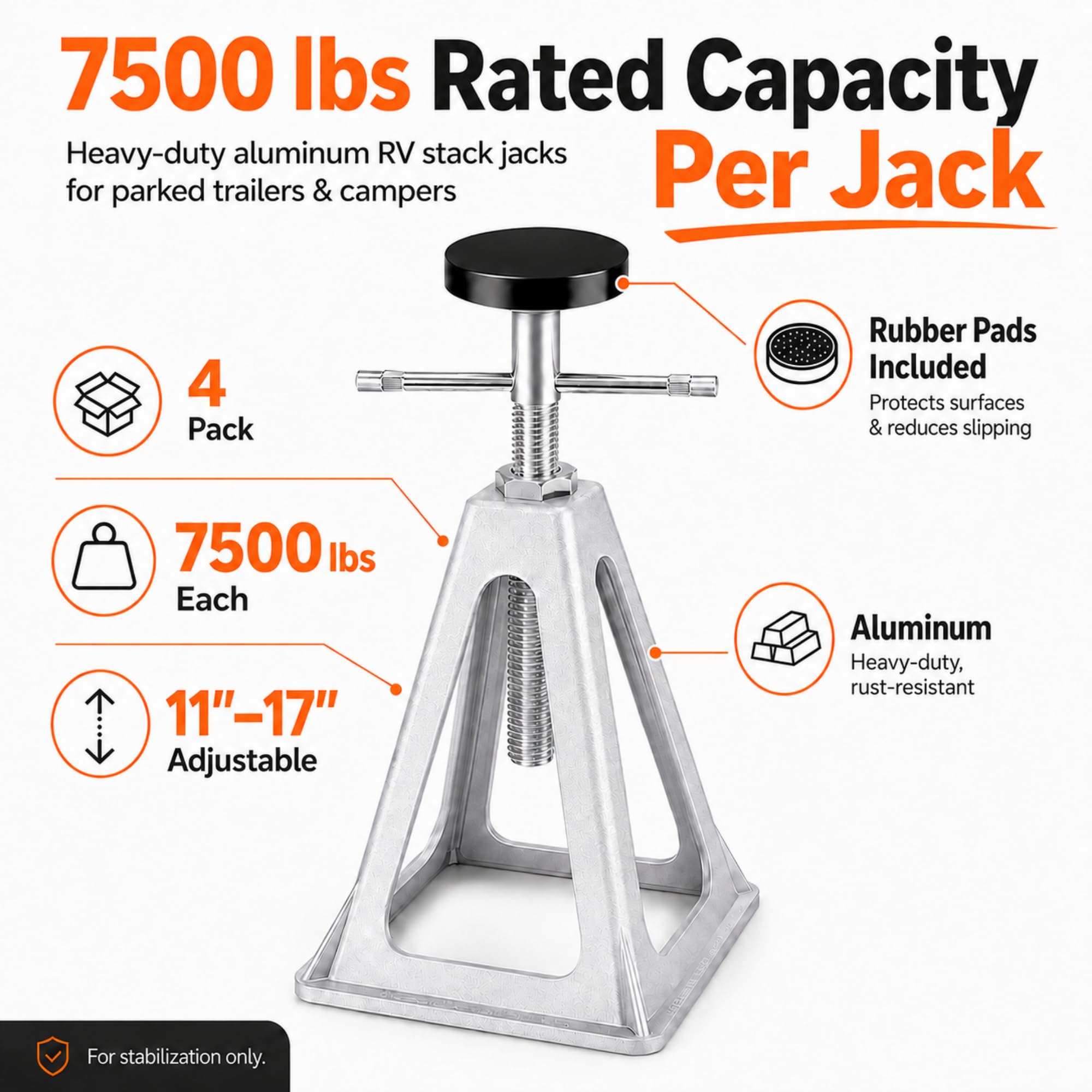 DPD Podnośniki stabilizatora do kampera, zestaw 4 sztuk, aluminiowe podnośniki stabilizatora przyczepy do 3,400 kg, regulowane w zakresie od 28 cm do 43 cm – podnośniki kempingowe i podnośniki